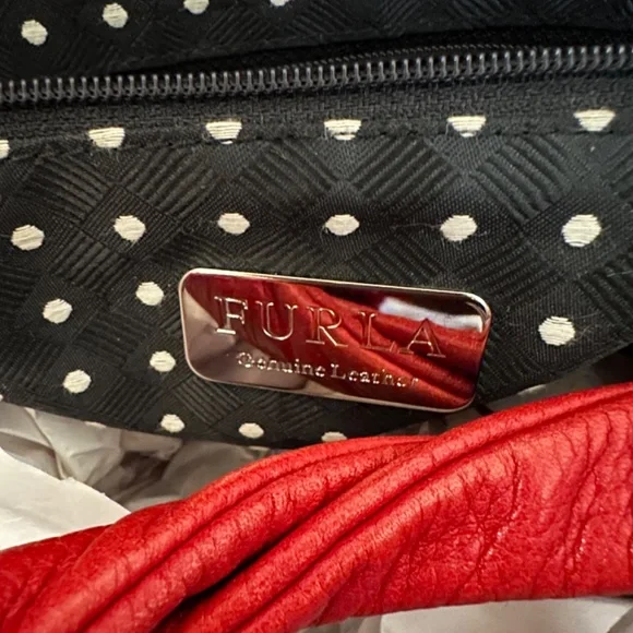 FURLA | Cherry Red Satchel w/Popping White on Black Polka Dot Interior - Picture 7 of 16